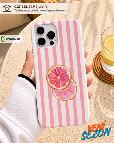 İphone Uyumlu Pembe Greyfurt Desenli Çizgili Tasarım Telefon Kılıfı