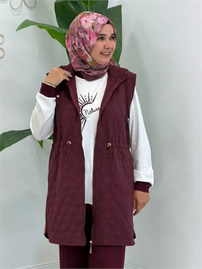 10972 Bordo Kapitone Yelekli Takım