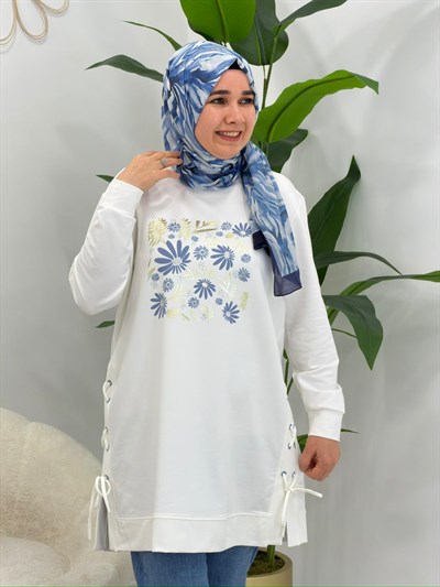 Beyaz Çiçek Detay Eşofman Tunik