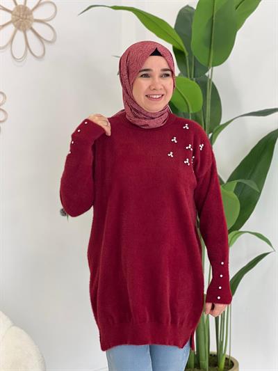 Bordo Angora Taşlı Tunik