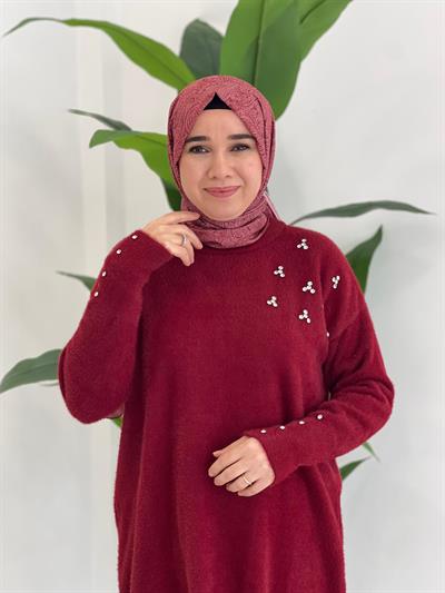 Bordo Angora Taşlı Tunik