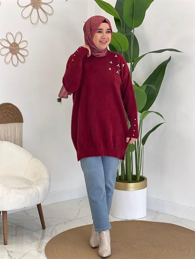 Bordo Angora Taşlı Tunik