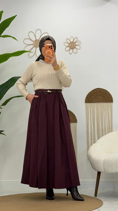 Bordo Beli Kemerli Etek 