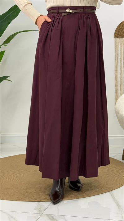 Bordo Beli Kemerli Etek 