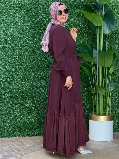 Bordo Broş Detaylı Elbise