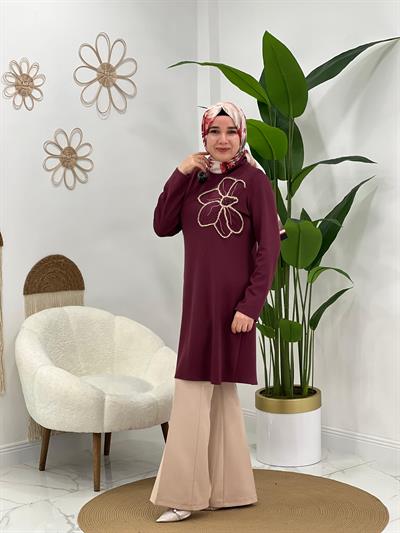Bordo Büyük Çiçekli Tunik