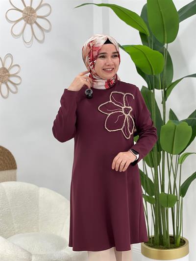 Bordo Büyük Çiçekli Tunik