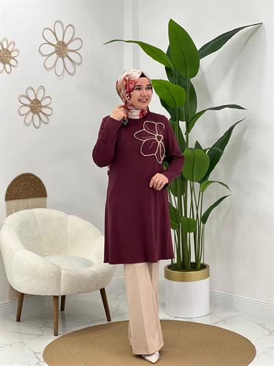 Bordo Büyük Çiçekli Tunik
