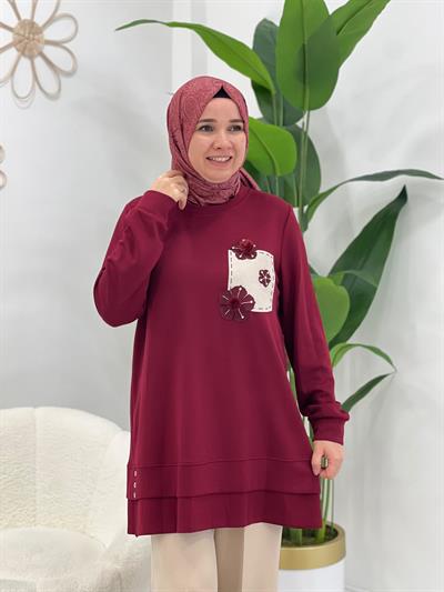 Bordo Çiçek Detaylı Tunik