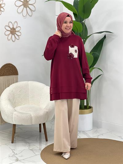 Bordo Çiçek Detaylı Tunik
