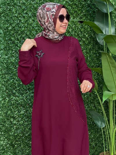 Bordo Pırlanta Detaylı Tunik