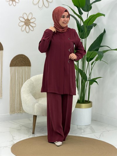 Bordo Fermuarlı Pantolonlu Takım
