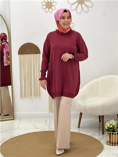 Bordo Fırfırlı Triko Tunik