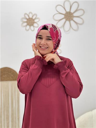 Bordo Fırfırlı Triko Tunik