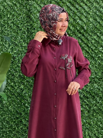 Bordo Gül Detaylı Uzun Tunik