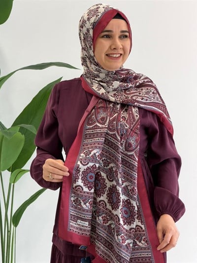 Bordo Desenli İpek Şal