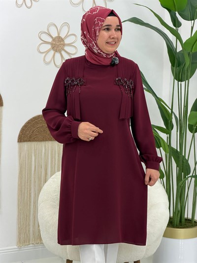 Bordo Omuz Detaylı Tunik