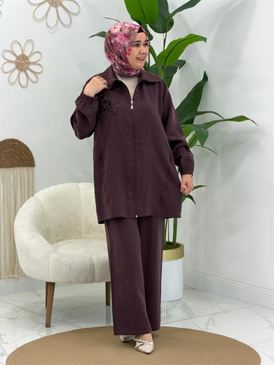 Mürdüm Pantolonlu Takım