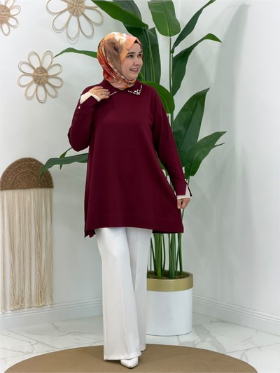 Bordo Yaka ve Kol Detaylı Triko Tunik