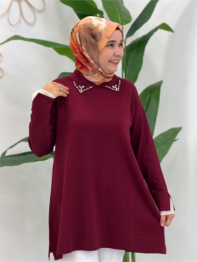Bordo Yaka ve Kol Detaylı Triko Tunik