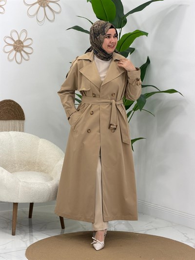 Camel Arka Düğme Detaylı Trenç