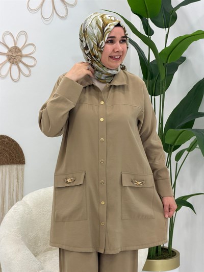 Camel Yan Tokalı Pantolonlu Takım
