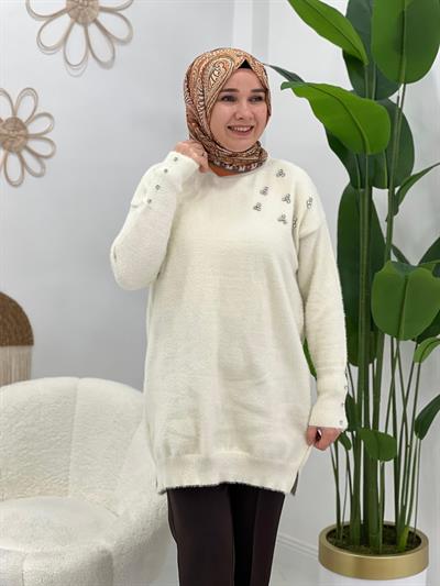 Ekru Angora Taşlı Kazak
