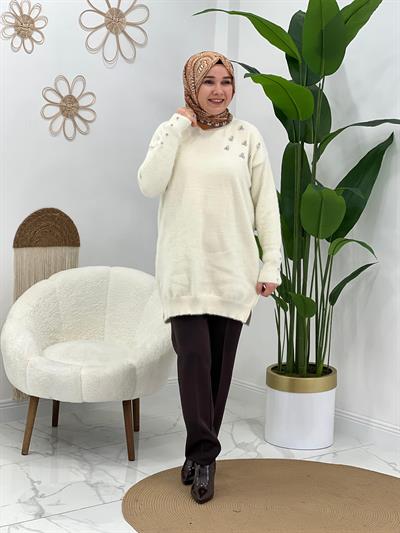 Ekru Angora Taşlı Kazak