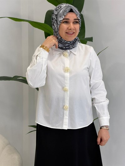 Ekru İnci Düğmeli Gömlek