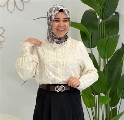 Ekru Zerafet Oya Desenli Gömlek