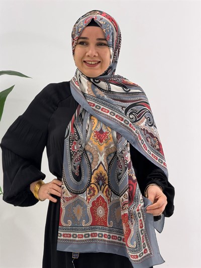 Gri Desenli İpek Şal