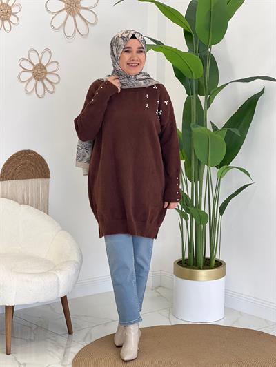 Kahve Angora Taşlı Kazak