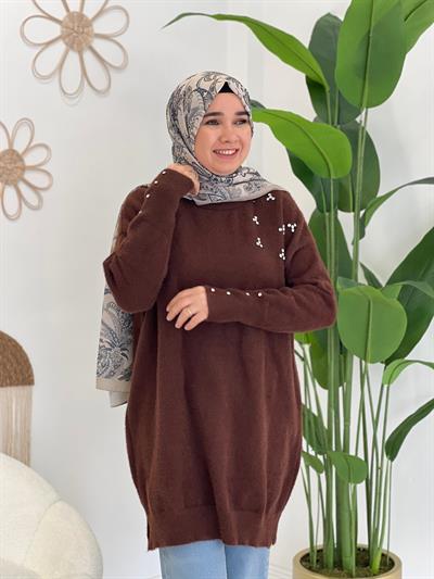 Kahve Angora Taşlı Kazak