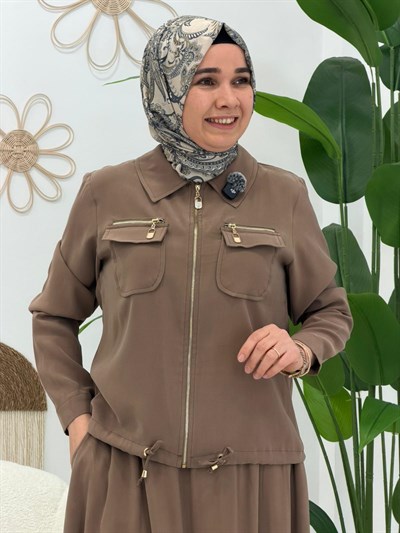 Kahve Cep Detaylı Etekli Takım