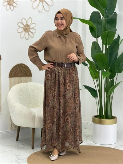Kahve  Etnik Desen Simetrik Kesim  Kemerli Etek