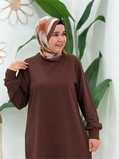 Kahve İki İplik Uzun Sweatshirt