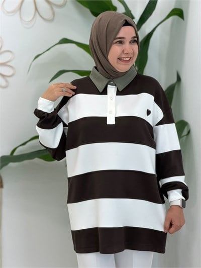 Kahve Polo Yaka Kalın Çizgili Sweatshirt