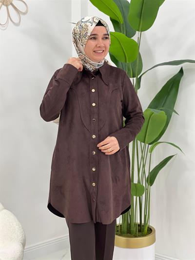 Kahve Süet Çıtçıtlı Tunik