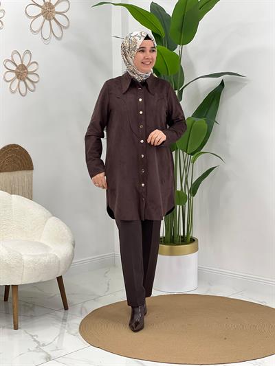 Kahve Süet Çıtçıtlı Tunik