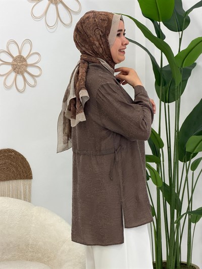 Kahve Yakası Taş Detaylı Tunik