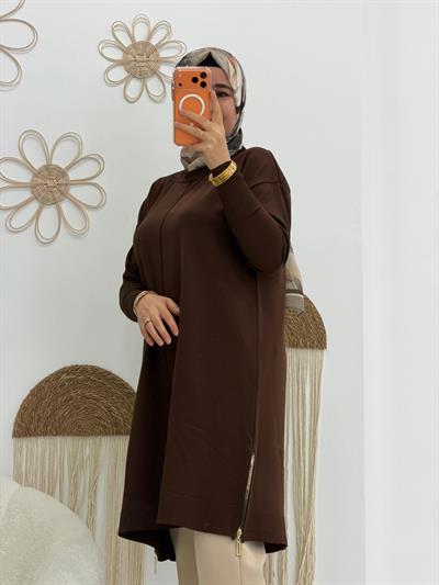 Kahverengi Altı Fermuarlı Triko Tunik