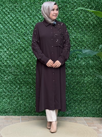 Kahverengi Pul Payet İşlemeli Uzun Tunik
