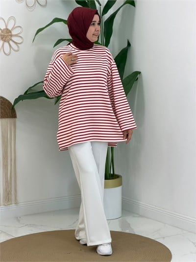 Kırmızı Çizgili Spor Sweatshirt
