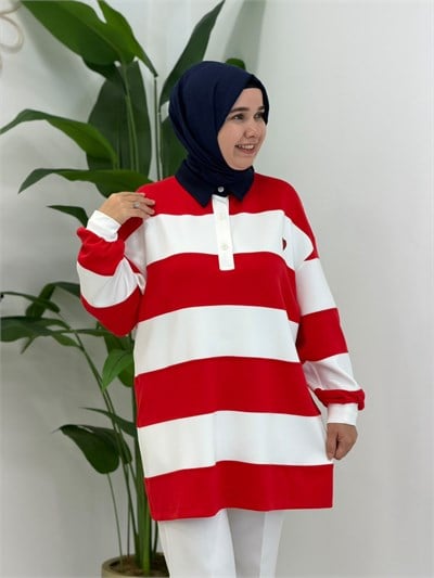 Kırmızı Polo Yaka Kalın Çizgili Sweatshirt