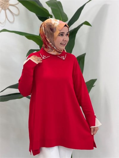 Kırmızı Yaka ve Kol Detaylı Triko Tunik