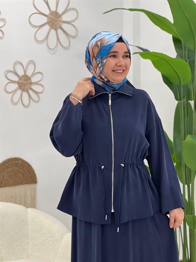 Lacivert Kesik Detaylı Bel Kemerli Takım
