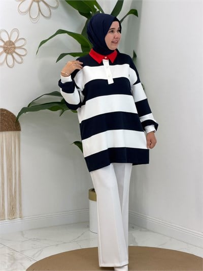 Lacivert Polo Yaka Kalın Çizgili Sweatshirt