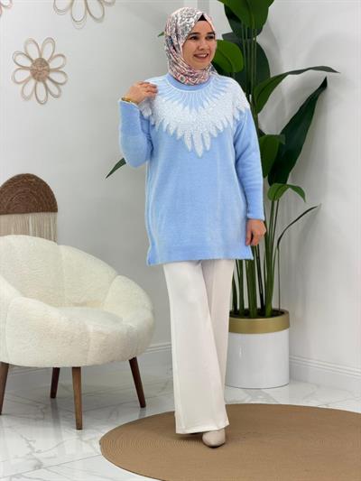 Mavi Taşlı Angora Kazak
