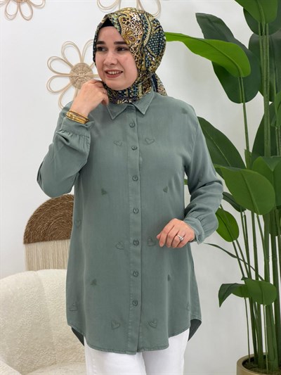 Mint Yeşil Kalp İşlemeli Tunik