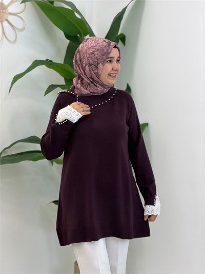 Mürdüm İnci ve Dantel Detaylı Triko Tunik